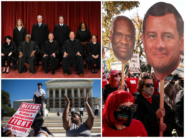 Collage of Supreme Court justices and affirmative action, and SCOTUS protests (Getty // An