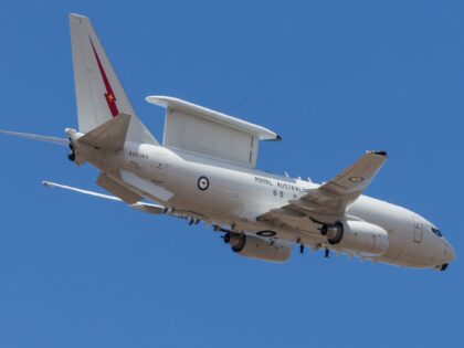 GEELONG, AUSTRALIA - MARCH 5 : A Royal Australian Air Force E-7A Wedgetail flies during th