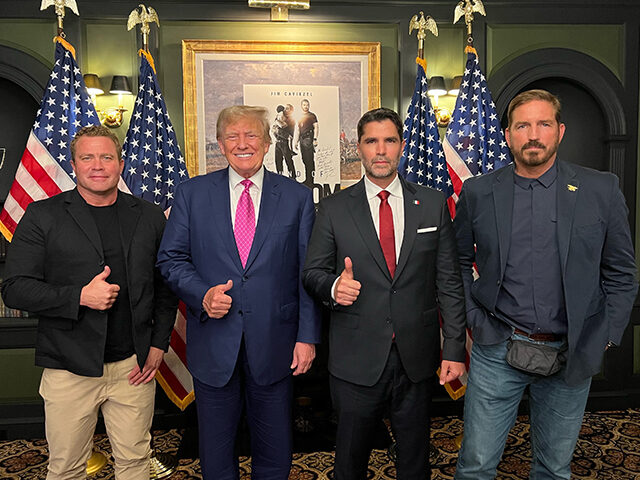 From left to right: Tim Ballard, President Donald Trump, Eduardo Verástegu, and Jim Caviezel at the private screening of “Sound of Freedom” at Trump National Golf Club Bedminster in New Jersey on July 19, 2023. (Photo courtesy of the Trump campaign)