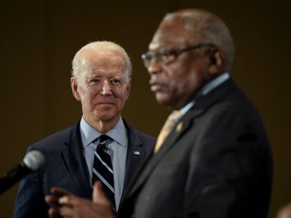 Democratic presidential candidate former Vice President Joe Biden looks on as U.S. Rep. and House Majority Whip James Clyburn (D-SC) announces his endorsement for Biden at Trident Technical College February 26, 2020