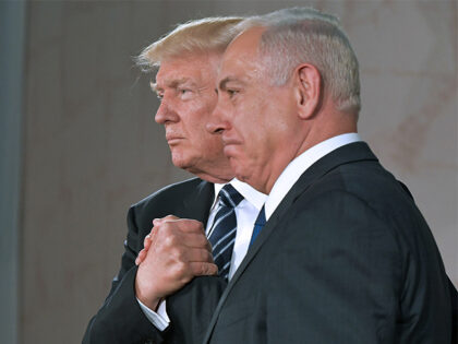 President Donald Trump (L) and Israel's Prime Minister Benjamin Netanyahu shake hands after delivering a speech at the Israel Museum in Jerusalem on May 23, 2017. (MANDEL NGAN/AFP via Getty Images)