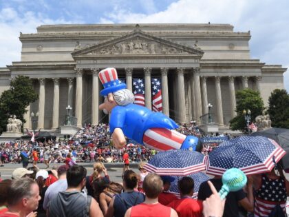 People watch the Independence Day parade as it passes in front of the National Archives in Washington, DC, on July 4, 2019. (Photo credit should read SAUL LOEB/AFP via Getty Images)