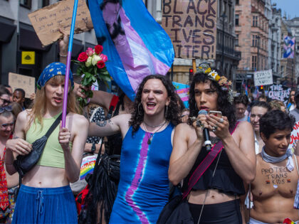 Thousands of people take part in a London Trans+ Pride march on 8 July 2023 in London, Uni