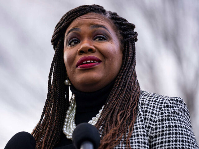 UNITED STATES - JANUARY 26: Rep. Cori Bush, D-Mo., speaks during a news conference outside the U.S. Capitol to call for the reversal of the Biden administrations Title 42 expansion and proposed asylum transit ban on Thursday, January 26, 2023. (Tom Williams/CQ-Roll Call, Inc via Getty Images)