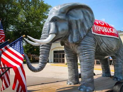 DAVENPORT, IA - JULY 17: A Republican elephant prop sits in front of the Starlite Ballroom at The Mississippi Valley Fairgrounds where New Jersey Gov. Chris Christie was expected to speak on July 17, 2014 in Davenport, Iowa. Christie's Iowa schedule included two fundraisers and a campaign stop with Iowa …