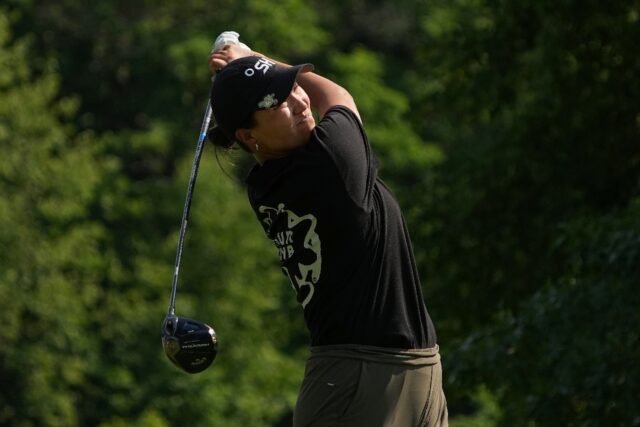 American Annie Park tees off on the fifth hole on the way to the 36-hole lead in the LPGA
