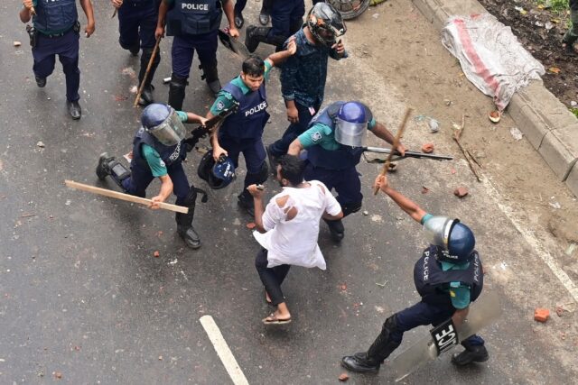 Bangladesh police fired rubber bullets and tear gas to disperse stone-throwing crowds bloc