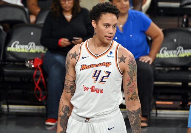 Brittney Griner of the Phoenix Mercury plays in a WNBA game against the Atlanta Dream