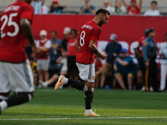 Bruno Fernandes celebrates after grabbing the second goal for Manchester United in their 2
