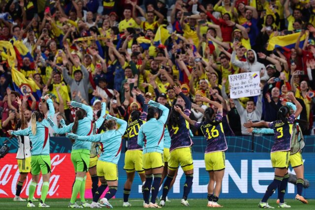 Colombia players celebrate with their fans after stunning Germany in Sydney