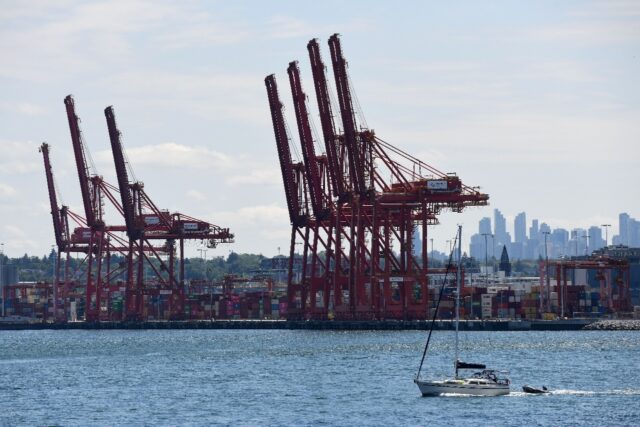 Cranes and containers at the DP World marine terminal at Port Metro Vancouver on July 11,