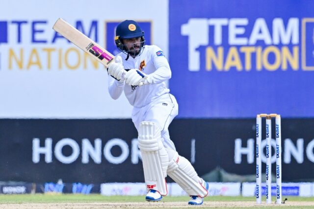 Dhananjaya de Silva plays a shot as Sri Lanka fight back to 185-5 at tea on the first day