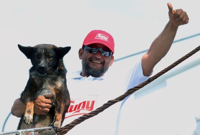 Dog Bella was picked up along with Australian sailor Timothy Shaddock after a two-month or