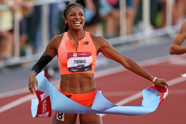 Gabby Thomas celebrates victory in the women's 200m at the US athletics championships
