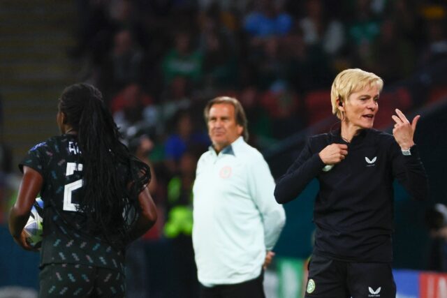 Ireland's coach Vera Pauw (R) reacts on the touchline in Brisbane