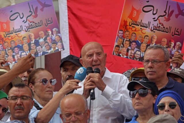 The leader of Tunisia's opposition National Salvation Front, Ahmed Nejib Chebbi, addresses