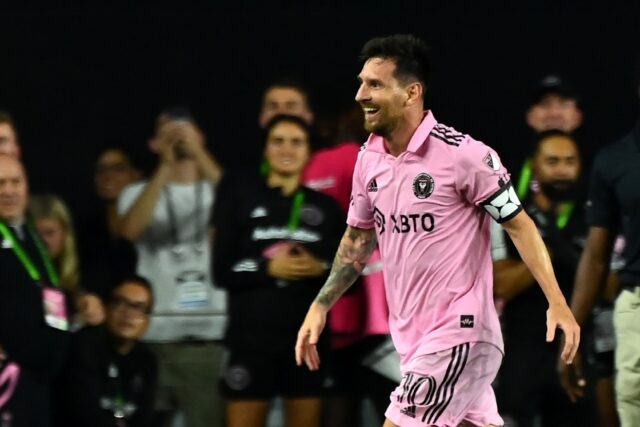 Lionel Messi smiles after scoring the winning goal in his debut for Inter Miami against Cr