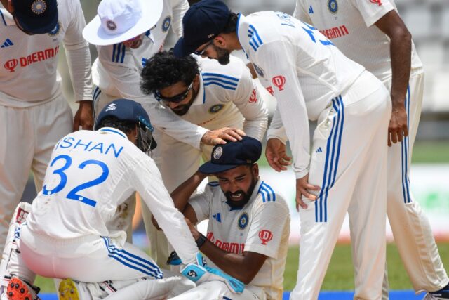 Mohammed Siraj (C) took a brilliant catch to remove Jermaine Blackwood on the stroke of lu