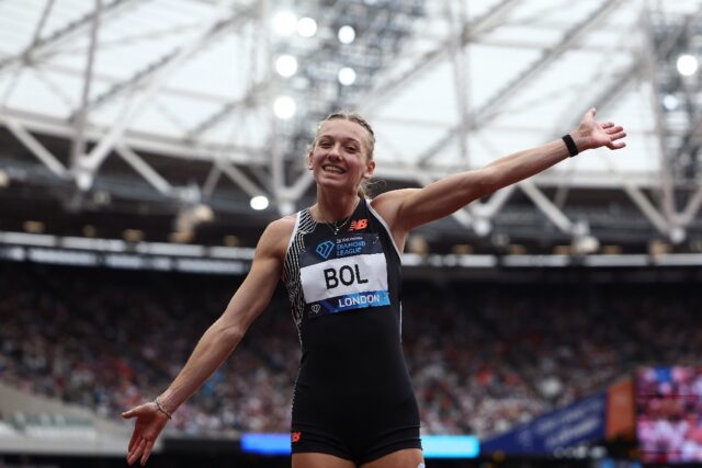 Netherlands' Femke Bol celebrates after winning the women's 400m hurdles in London