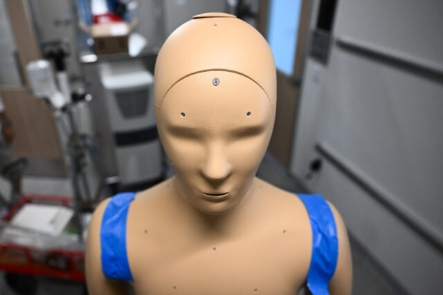 Pores that bead sweat like humans are displayed on ANDI, an Advanced Newton Dynamic Instru