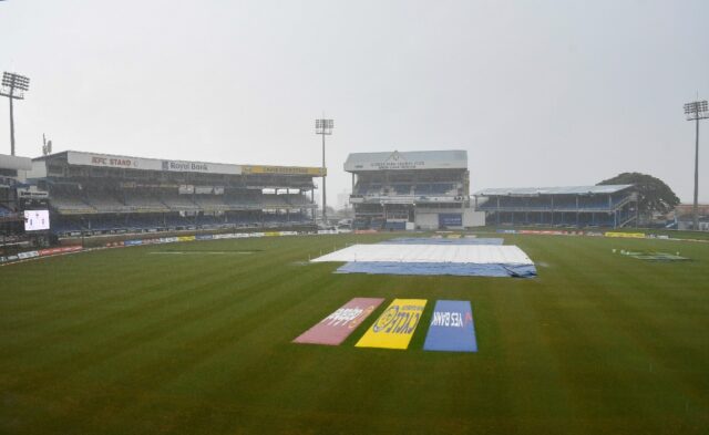 Rain delays play during the fifth and final day of the second Test cricket match between I