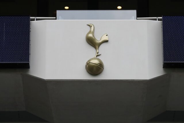 The Spurs logo at the Tottenham Hotspur Stadium in London -- team owner Joe Lewis was arre