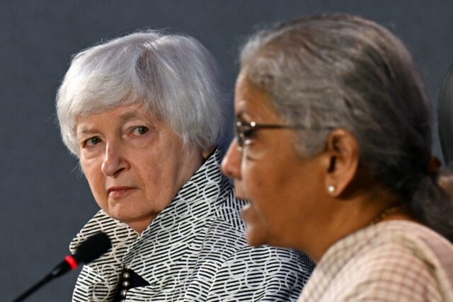 US Treasury Secretary Janet Yellen (L) listens to India's Finance Minister Nirmala Sithara