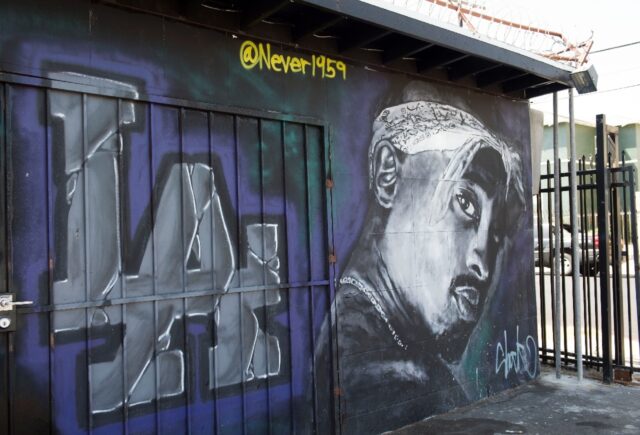 A wall dedicated to the memory of US rapper Tupac Shakur, who was murdered in 1996, is seen on May 26, 2016 in Los Angeles, California