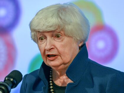 US Treasury Secretary Janet Yellen speaks during a press conference ahead of the G20 Finance Ministers, Central Bank Governors (FMCBG) and Finance & Central Bank Deputies (FCBD) meetings, at the Mahatma Mandir in Gandhinagar on July 16, 2023. (Photo by Punit PARANJPE / AFP)
