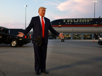 ATLANTA, GEORGIA - AUGUST 24: Former U.S. President Donald Trump speaks to the media at Atlanta Hartsfield-Jackson International Airport after being booked at the Fulton County jail on August 24, 2023 in Atlanta, Georgia. Trump was booked on multiple charges related to an alleged plan to overturn the results of …