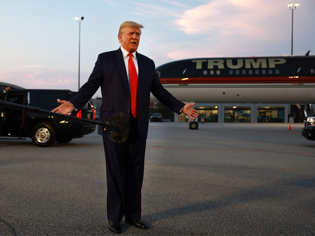 ATLANTA, GEORGIA - AUGUST 24: Former U.S. President Donald Trump speaks to the media at Atlanta Hartsfield-Jackson International Airport after being booked at the Fulton County jail on August 24, 2023 in Atlanta, Georgia. Trump was booked on multiple charges related to an alleged plan to overturn the results of the 2020 presidential election in Georgia. (Photo by Joe Raedle/Getty Images)