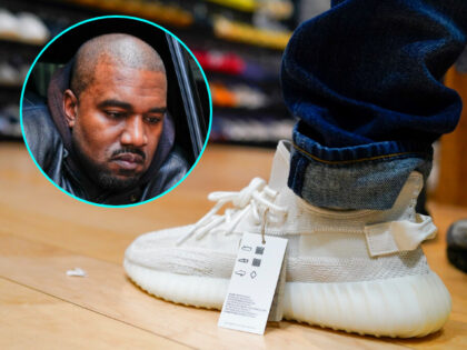 (INSET: Ye) A customer tries on Yeezy shoes, made by Adidas, at Laced Up, a sneaker resale store, in Paramus, N.J., Tuesday, Oct. 25, 2022. Adidas has ended its partnership with the rapper formerly known as Kanye West over his offensive and antisemitic remarks, the latest company to cut ties …