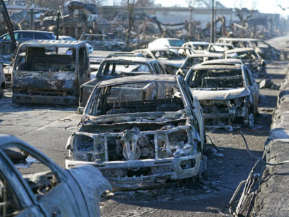 Burnt out cars line the sea walk after the wildfire on Friday, Aug. 11, 2023, in Lahaina,