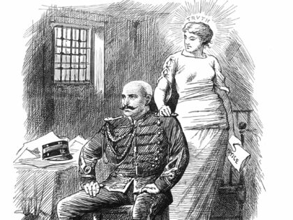 British satire comic cartoon caricatures illustrations - Captain Alfred Dreyfus and Lady Justice - stock illustration (Getty)