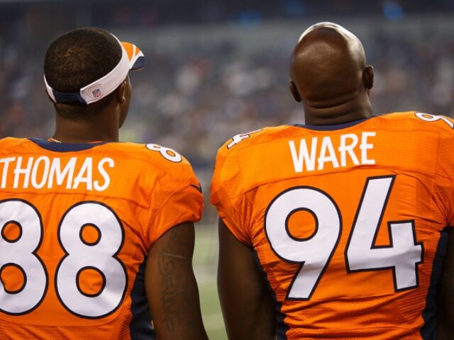 28 AUG 2014: Denver Broncos defensive end DeMarcus Ware (94) and wide receiver Demaryius T