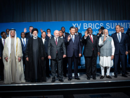 OHANNESBURG, SOUTH AFRICA - AUGUST 24: South African President Cyril Ramaphosa with fellow BRICS leaders President of Brazil Luiz Inacio Lula da Silva, President of China Xi Jinping, Prime Minister of India Narendra Modi, and Russia's Foreign Minister Sergei Lavrov pose for a family photo, with delegates including six nations …