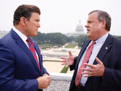 WASHINGTON, DC - JUNE 07: Republican presidential candidate Chris Christie (R) talks with Bret Baier (L) during a visit to "Special Report with Bret Baier" at Fox Business Studios on June 07, 2023 in Washington, DC. (Photo by Paul Morigi/Getty Images)
