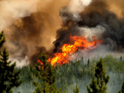 Flames from the Donnie Creek wildfire burn along a ridge top north of Fort St. John, Briti