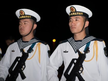 Chinese navy soldiers on Navy vessel Changbai Shan 989 in the harbour of Piraeus at the Ch