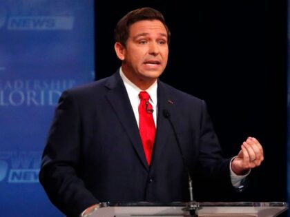 DAVIE, FL - OCTOBER 24: Republican Ron DeSantis makes a point during his debate with Democrat Andrew Gillum at Broward College October 24, 2018 in Davie, Florida. The second and final debate between the two Florida gubernatorial candidates was marked by sharp personal attacks as the November 6 election approaches. …