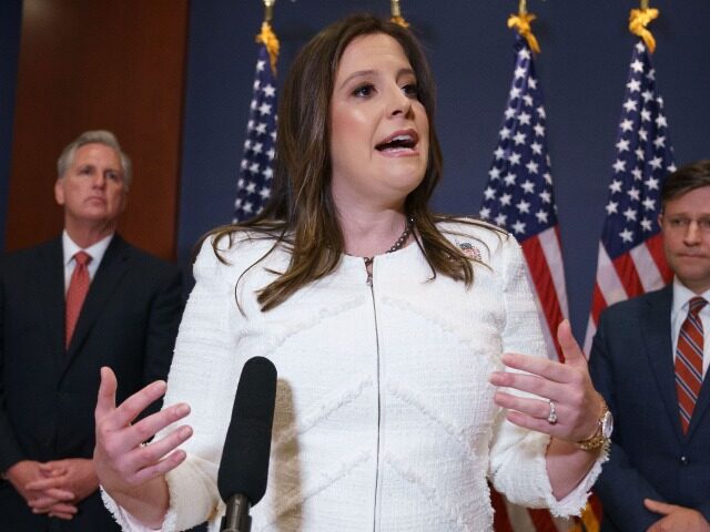 Rep. Elise Stefanik, R-N.Y., speaks to reporters at the Capitol in Washington, Friday, May
