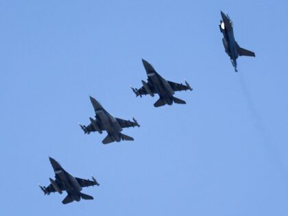 SCHLESWIG, GERMANY - JUNE 08: F-16 fighter planes are pictured as they practice prior to t
