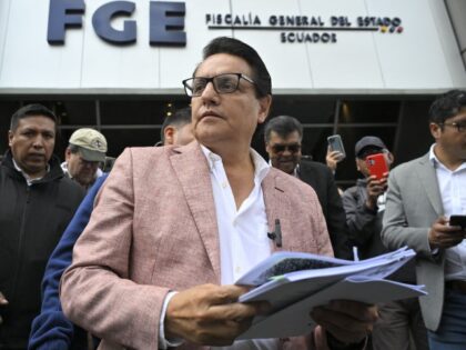 Former Assembly member and now presidential candidate, Fernando Villavicencio, speaks to journalists upon his arrival at the Attorney General's Office in Quito on August 8, 2023. Fernando Villavicencio asked the Attorney General's Office to investigate former officials related to the oil sector of the governments of Rafael Correa, Lenín Moreno, …