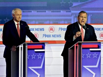 Chris Christie, former governor of New Jersey and 2024 Republican presidential candidate, right, and Asa Hutchinson, former governor of Arkansas and 2024 Republican presidential candidate, during the Republican primary presidential debate hosted by Fox News in Milwaukee, Wisconsin, US, on Wednesday, Aug. 23, 2023. Republican presidential contenders are facing off …