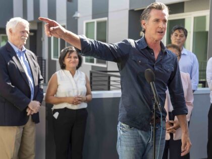 Gavin Newsom points (Brian van der Brug / Los Angeles Times via Getty)