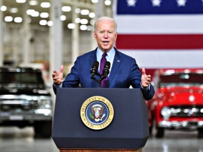 EV - US President Joe Biden delivers remarks at the Ford Rouge Electric Vehicle Center, in Dearborn, Michigan on May 18, 2021. (Photo by Nicholas Kamm / AFP) (Photo by NICHOLAS KAMM/AFP via Getty Images)