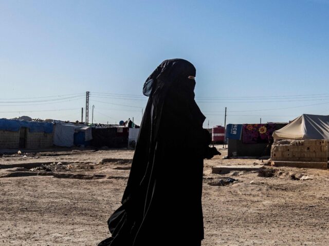 A fully veiled woman walks at the Kurdish-run al-Hol camp, which holds relatives of suspec