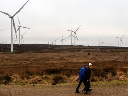 Members of the public walk past wind turbines operated by ScottishPower Renewables, at Whi