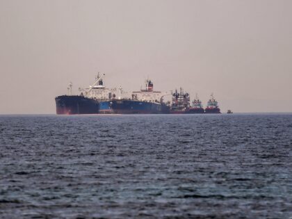 The Liberian-flagged oil tanker Ice Energy (L) transfers crude oil from the Russian-flagged oil tanker Lana (R) (former Pegas), off the shore of Karystos, on the Island of Evia, on May 29, 2022. - Greece will send Iranian oil from a seized Russian-flagged tanker to the United States at the …