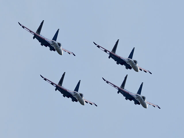 Sukhoi Su-35S aircrafts perform during the International Military-Technical Forum "Ar